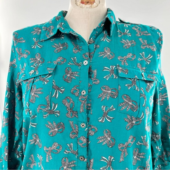 Jaclyn Smith womens top size XL teal floral 100% cotton button down - Picture 3 of 14